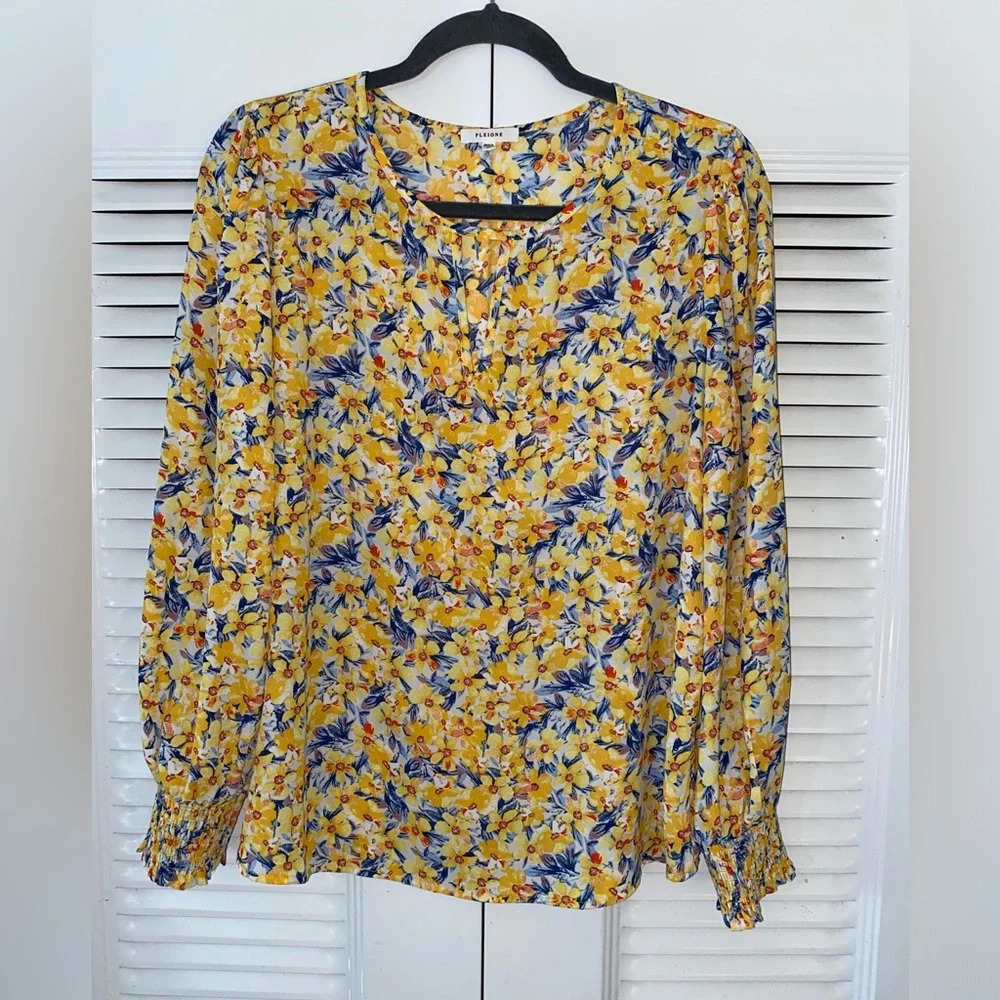 PLEIONE Yellow Multi Color Floral Print long elastic Sleeve Top